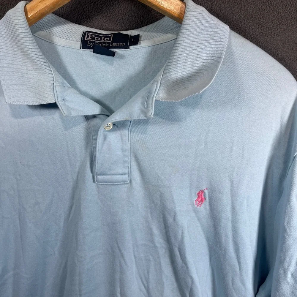 Polo Ralph Lauren Mens Light Blue Pink Pony Logo Cotton Polo Shirt Large